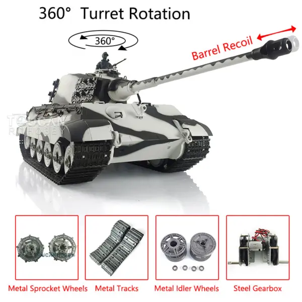 Henglong 1/16 7.0 Upgraded King Tiger RC Tank 3888A w/ 360Degrees Rotating Turret Barrel Recoil Metal Track Idler Sproket Wheels Smoking