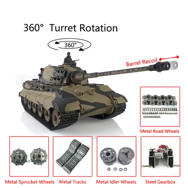 Henglong 1/16 RC Tank 3888A 7.0 King Tiger Remote Control Tank w/ 360Degrees Rotating Turret Metal Road Wheel Barrel Recoil Engine Sound