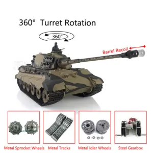 Henglong 1/16 7.0 Upgraded King Tiger RC Tank 3888A w/ 360Degrees Rotating Turret Barrel Recoil Metal Track Idler Sproket Wheels Smoking