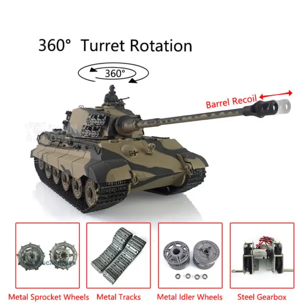 Henglong 1/16 7.0 Upgraded King Tiger RC Tank 3888A w/ 360Degrees Rotating Turret Barrel Recoil Metal Track Idler Sproket Wheels Smoking