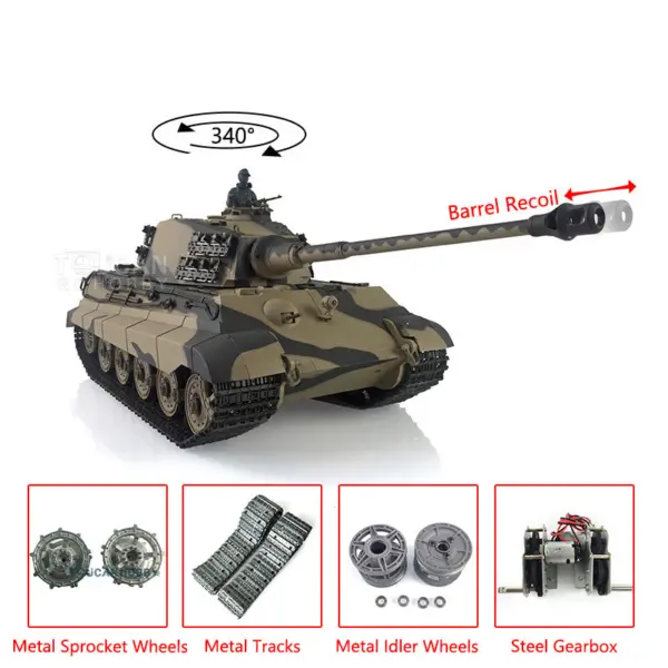 Henglong 2.4G RC Tank 1/16 7.0 3888A German King Tiger Radio Control Tank w/ Metal Track Idler Sproket Wheels Barrel Recoil