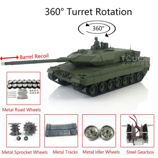 Henglong 1/16 7.0 Customized Leopard2A6 RC Tank 3889 w/ Metal Tracks Road Wheels Barrel Recoil 360Degrees Rotating Turret Engine Sound