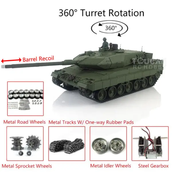Henglong Military Tank 1/16 TK7.0 Leopard2A6 RC Tank Upgraded 3889 Barrel Recoil 360 Rotating Turret Metal Tracks W/ Rubber Pad