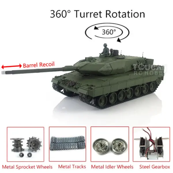 Henglong 1/16 TK7.0 Edition Upgraded Leopard2A6 RC Tank 3889 W/ 360Degrees Rotating Turret Barrel Recoil Metal Driving Gearbox Tracks