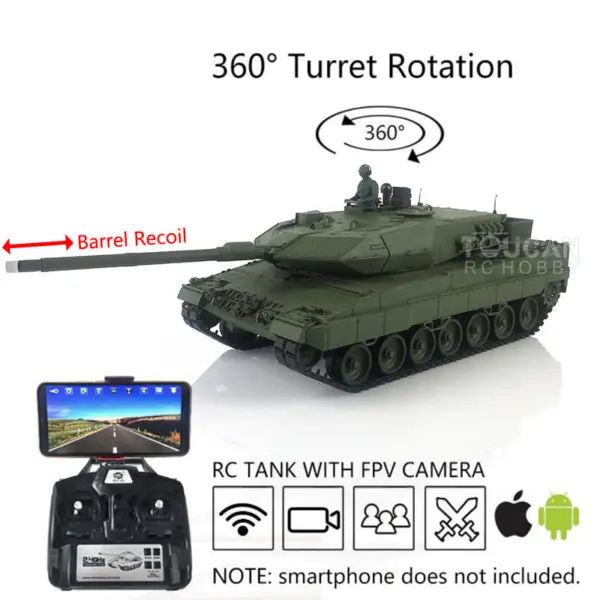 Heng Long 1/16 TK7.0 Generation Leopard2A6 RC Tank 3889 W/ IR Battling Battle FPV System Ready to Run Lights Sounds Smoke