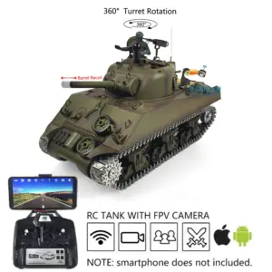 Henglong 1/16 FPV 7.0 M4A3 Sherman RTR RC Tank 3898 w/ 360Degrees Rotating Turret Barrel Recoil FPV Camera Metal Tracks Engine Sound