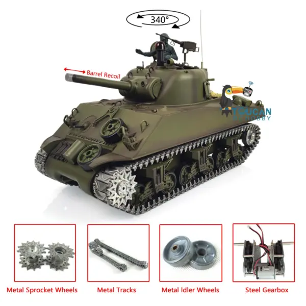 Henglong 1/16 7.0 Upgraded M4A3 Sherman RC Tank 3898 Metal Tracks Barrel Recoil Metal Tracks Idler Sproket Wheels Smoking Gearbox