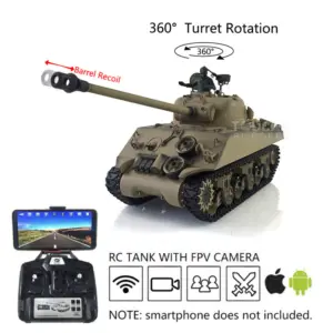 Henglong 1/16 7.0 Plastic M4A3 Sherman RC Tank 3898 w/ 360Degrees Rotating Turret FPV Barrel Recoil Steel Gearbox Smoking Gift for Boys