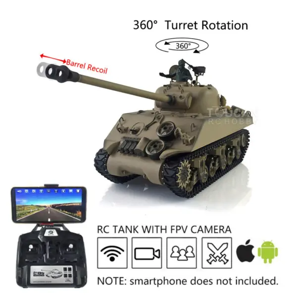 Henglong 1/16 7.0 Plastic M4A3 Sherman RC Tank 3898 w/ 360Degrees Rotating Turret FPV Barrel Recoil Steel Gearbox Smoking Gift for Boys