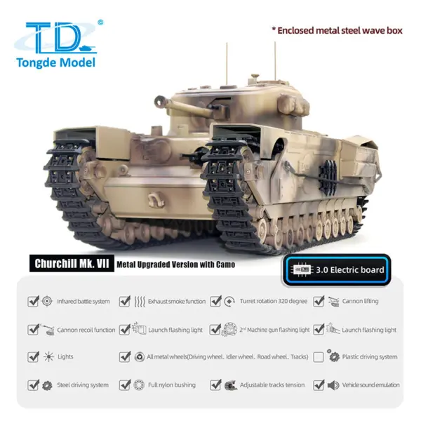 1/16 Military RC Battle Tank Churchill Mk.VII Metal Tracks Tongde Electric Tanks Painted Assembled Barrel Recoil Smoke Unit