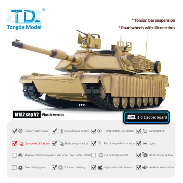 1/16 Tongde RC Infrared Battle Tank Radio Control Panzer M1A2 SEP V2 Abrams Electric Military Tanks 320 Rotation Simulation Model Barrel Recoil BB Unit