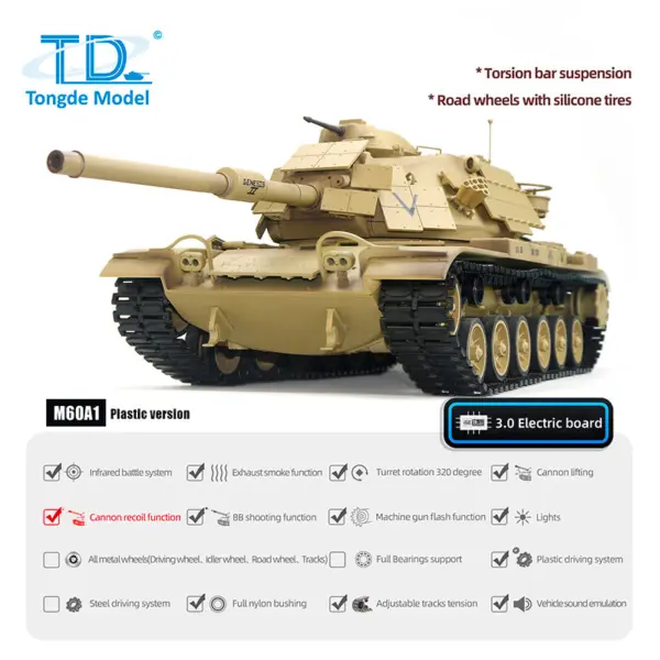 Tongde 1/16 RC Battle Tank M60A1 ERA USA Remote Control Armored Vehicle BB Infrared Battle Toy RTR 320 Degrees Model