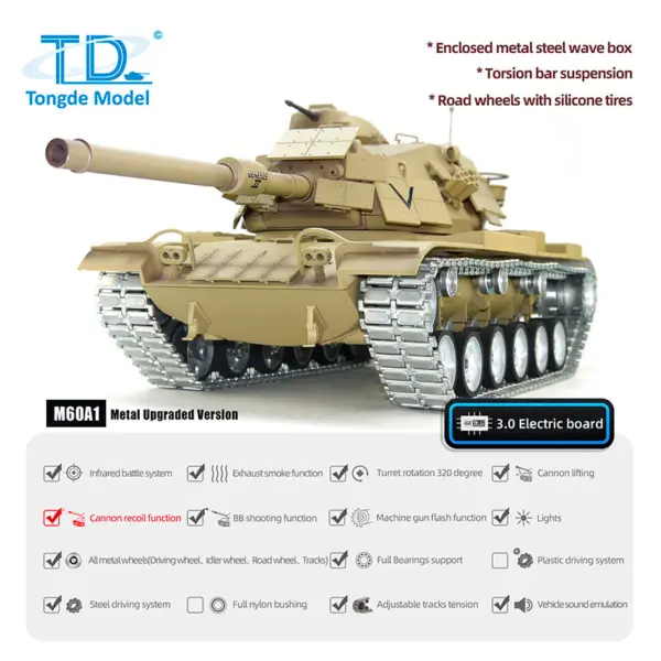 Tongde 1/16 RC Battle Tank M60A1 ERA USA Remote Control Armored Vehicle BB Infrared Battle Toy RTR 320 Degrees Model