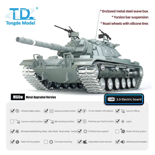 1/16 Tongde Israel RC Panzer Remote Control Infrared Battle Tanks Military Model M60W ERA Painted Car 320 Rotation BB Shooting DIY