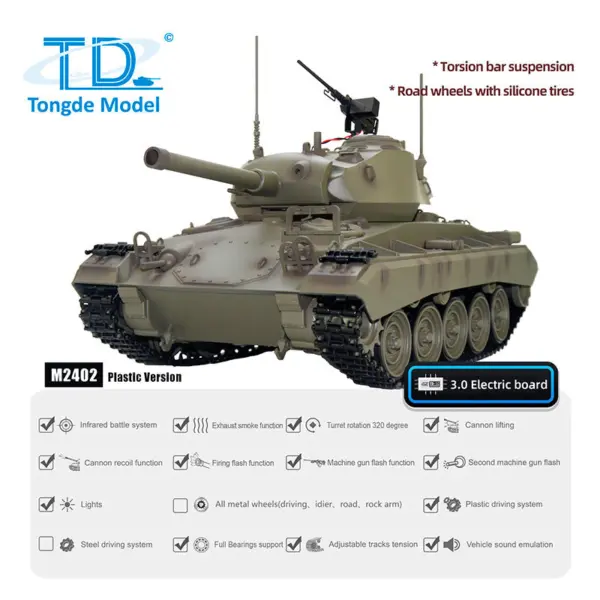 Tongde 1/16 M24 Chaffee RC Light Electric Tank Infantry Combat System Vehicle Model Barrel Recoil Without BB Shooting Unit