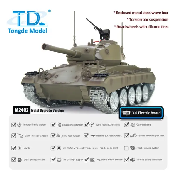 Tongde M24 Chaffee 1/16 RC Light Tank Infrared Combating System Military Model Barrel Recoil Metal Upgraded Wheels Gearbox 320