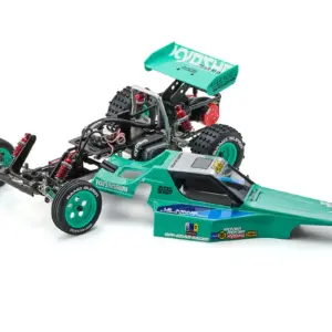 Kyosho Tomahawk '85 WC Worlds Spec with peppermint green body lifted from the rolling chassis to show drivetrain detail