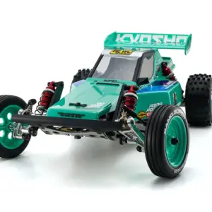 Kyosho Tomahawk '85 WC Worlds Spec — fully built 1:10 2WD off-road buggy in peppermint green livery, front three-quarter studio shot