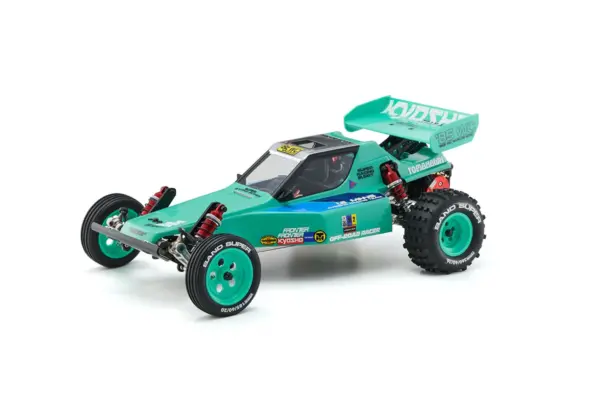 Kyosho Tomahawk '85 WC Worlds Spec — fully built 1:10 2WD off-road buggy in peppermint green livery, side-on studio shot showing 'Off-Road Racer' decals