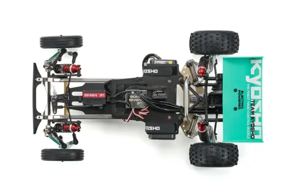 Kyosho Tomahawk '85 WC Worlds Spec — chassis topside top-down view with body removed, showing Le Mans servo, ESC and electronics layout