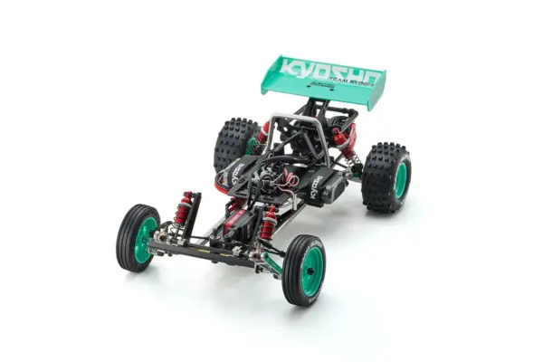 Kyosho Tomahawk '85 WC Worlds Spec — front three-quarter studio shot of the rolling chassis with rear wing fitted