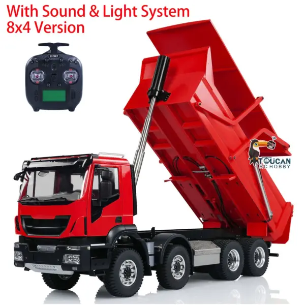 Metal 1/14 8x4 RC Tipper Truck Remote Control Hydraulic Dumper Lorry Car Model Flip-over Cover 2speed Transmission LED Lights Sound System