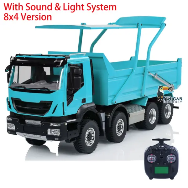Metal 1/14 8x4 RC Tipper Truck Remote Control Hydraulic Dumper Lorry Car Model Flip-over Cover 2speed Transmission LED Lights Sound System