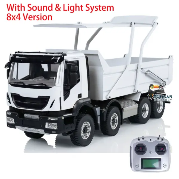 Metal 1/14 8x4 RC Tipper Truck Remote Control Hydraulic Dumper Lorry Car Model Flip-over Cover 2speed Transmission LED Lights Sound System