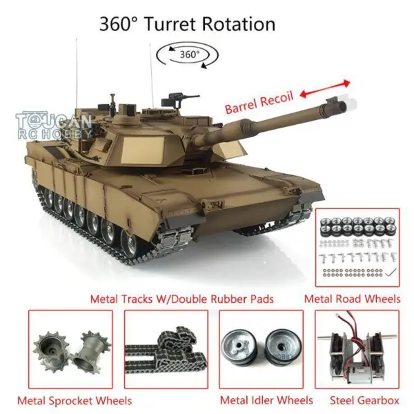 Henglong 1:16 7.0 2.4Ghz USA Abrams RTR RC Tank 3918 360 Degree grees Turret Barrel Recoil Metal Tracks Rubber Pads Main Board
