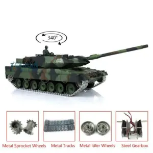 Henglong 1/16 Scale 7.0 Upgraded German Leopard2A6 340 Degree Turret Metal Tracks Sound Smoke RTR RC Tank 3889 Model