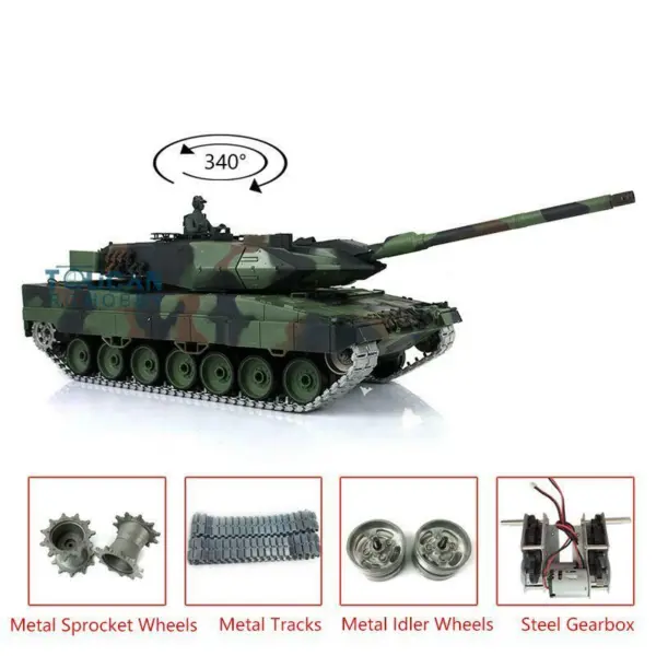 Henglong 1/16 Scale 7.0 Upgraded German Leopard2A6 340 Degree Turret Metal Tracks Sound Smoke RTR RC Tank 3889 Model