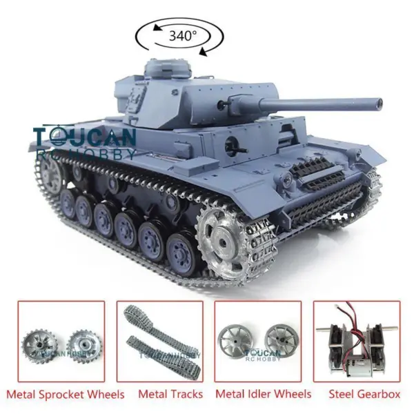 1/16 7.0 Henglong Upgraded German Panzer III L RTR RC Tank Model 3848 Metal Tracks 340 Degree Turret Steel Gearbox Sound Smoke
