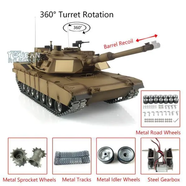 Henglong RTR 1/16 Scale 7.0 Customized Abrams RC Tank 3918 360 Degrees Turret Barrel Recoil Metal Tracks Idlers Sprockets
